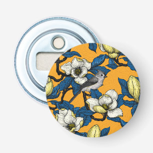 Blooming magnolia and titmouse bird 3 bottle opener
