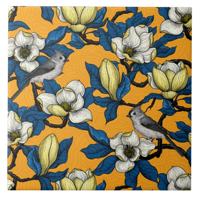 Blooming magnolia and titmouse bird 3 ceramic tile (Front)