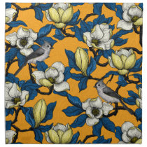 Blooming magnolia and titmouse bird 3 cloth napkin