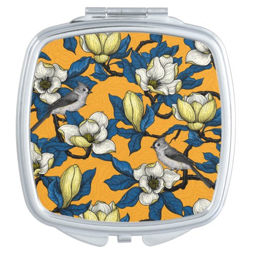 Blooming magnolia and titmouse bird 3 compact mirror