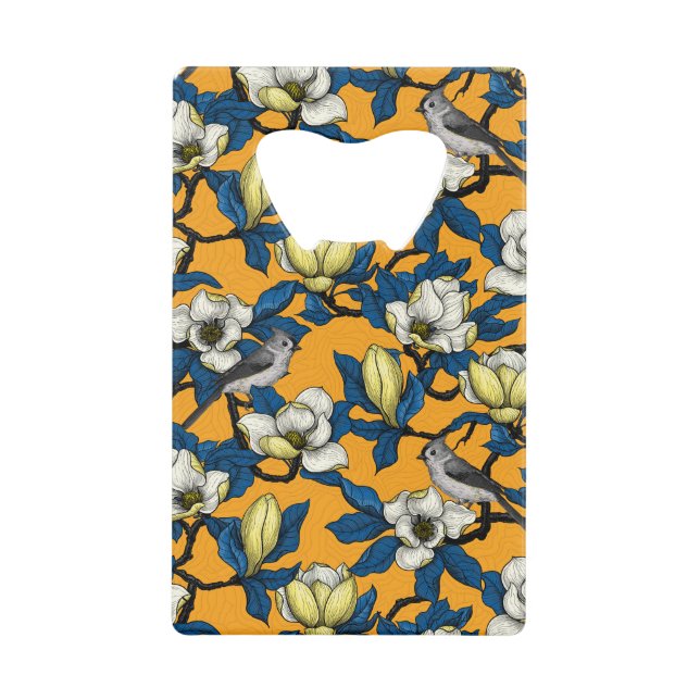 Blooming magnolia and titmouse bird 3 credit card bottle opener (Front)