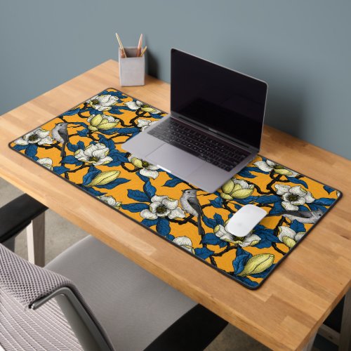 Blooming magnolia and titmouse bird 3 desk mat