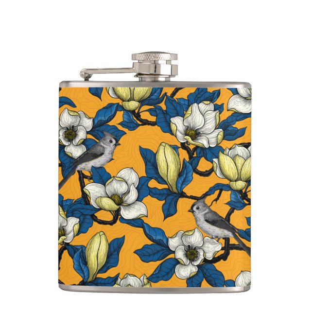 Blooming magnolia and titmouse bird 3 flask (Front)