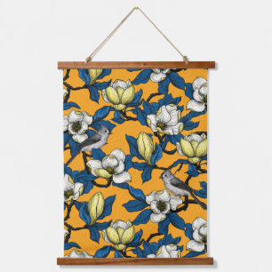 Blooming magnolia and titmouse bird 3 hanging tapestry