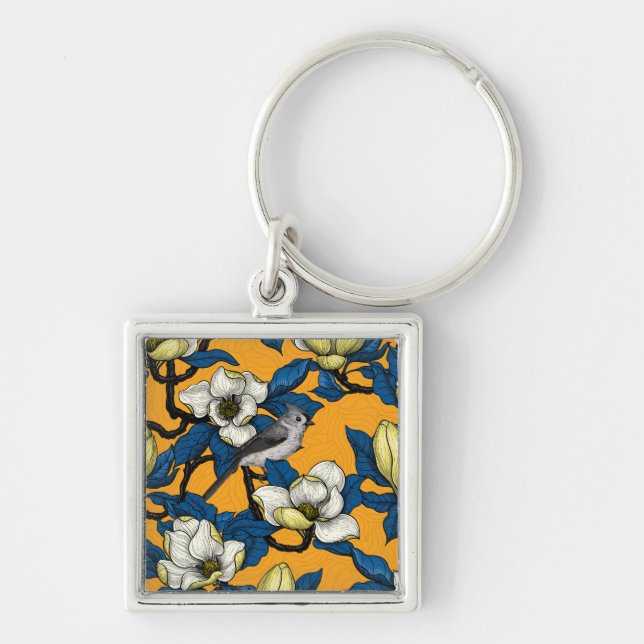 Blooming magnolia and titmouse bird 3 keychain (Front)