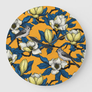Blooming magnolia and titmouse bird 3 large clock