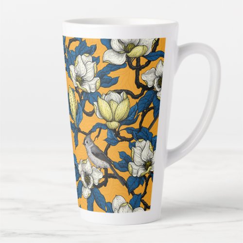 Blooming magnolia and titmouse bird 3 latte mug