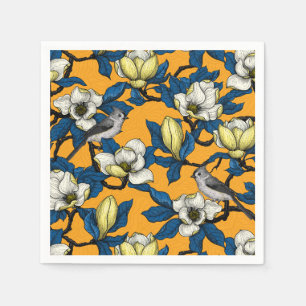 Blooming magnolia and titmouse bird 3 napkins