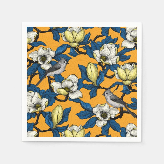 Blooming magnolia and titmouse bird 3 napkins (Front)