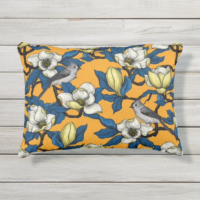 Blooming magnolia and titmouse bird 3 outdoor pillow (Front)