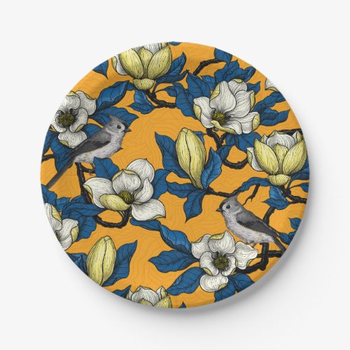 Blooming magnolia and titmouse bird 3 paper plates