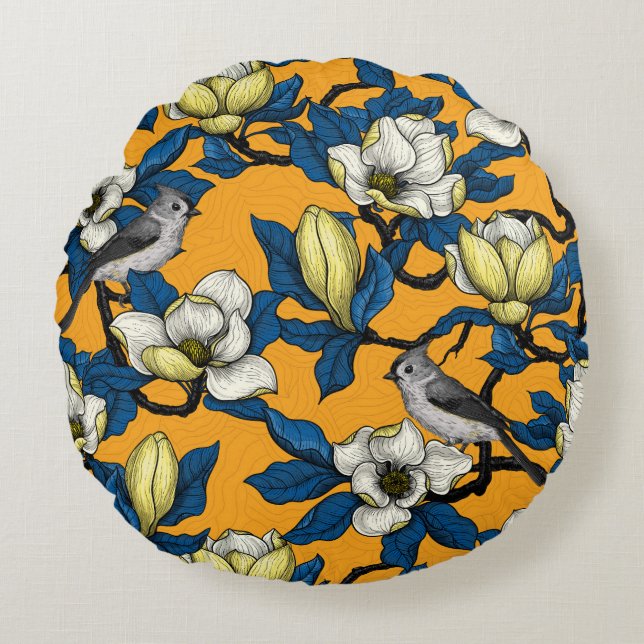 Blooming magnolia and titmouse bird 3 round pillow (Front)