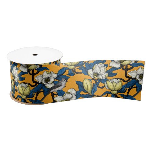 Blooming magnolia and titmouse bird 3 satin ribbon