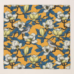 Blooming magnolia and titmouse bird 3 scarf