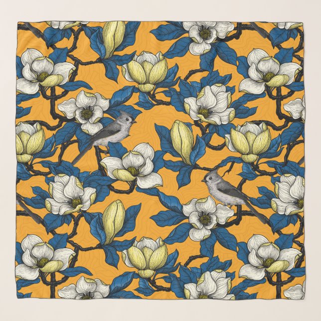 Blooming magnolia and titmouse bird 3 scarf (Front)