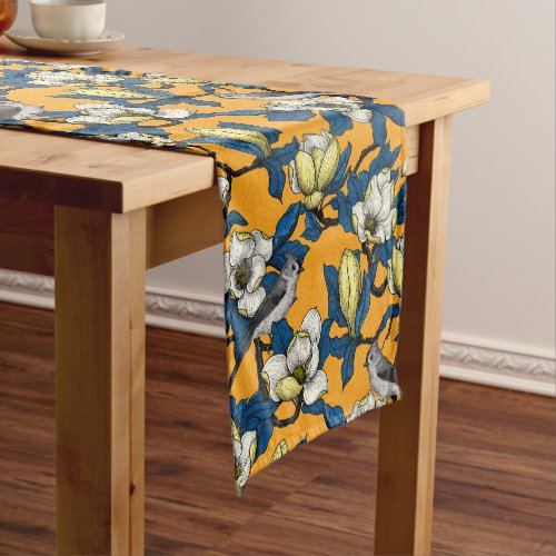 Blooming magnolia and titmouse bird 3 short table runner