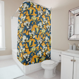 Blooming magnolia and titmouse bird 3 shower curtain
