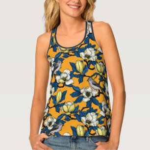 Blooming magnolia and titmouse bird 3 tank top