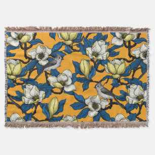 Blooming magnolia and titmouse bird 3 throw blanket