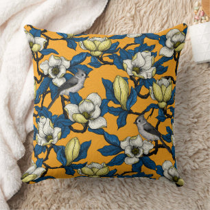 Blooming magnolia and titmouse bird 3 throw pillow