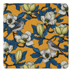 Blooming magnolia and titmouse bird 3 trivet