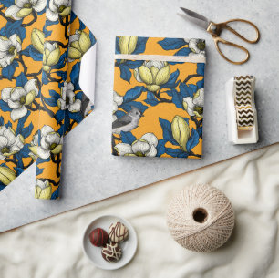 Blooming magnolia and titmouse bird 3 wrapping paper