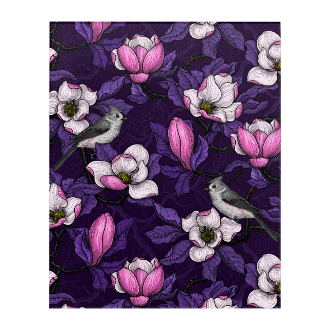 Blooming magnolia and titmouse bird 4 acrylic print (Front)