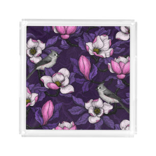 Blooming magnolia and titmouse bird 4 acrylic tray