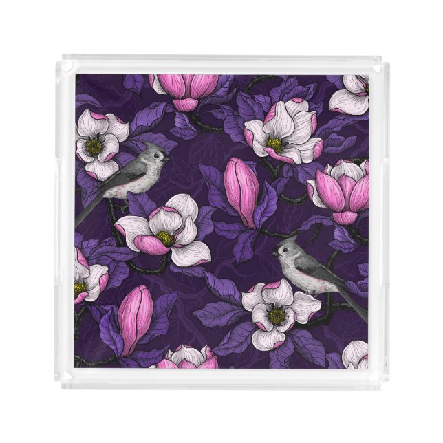 Blooming magnolia and titmouse bird 4 acrylic tray (Front)