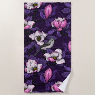 Blooming magnolia and titmouse bird 4 beach towel