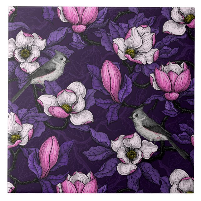 Blooming magnolia and titmouse bird 4 ceramic tile (Front)