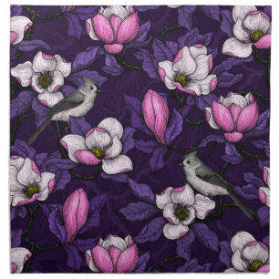 Blooming magnolia and titmouse bird 4 cloth napkin