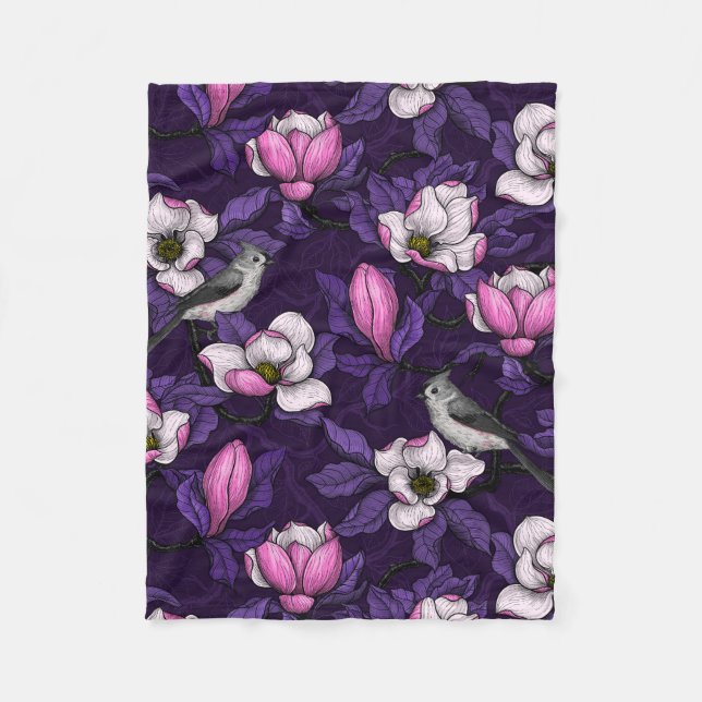 Blooming magnolia and titmouse bird 4 fleece blanket (Front)