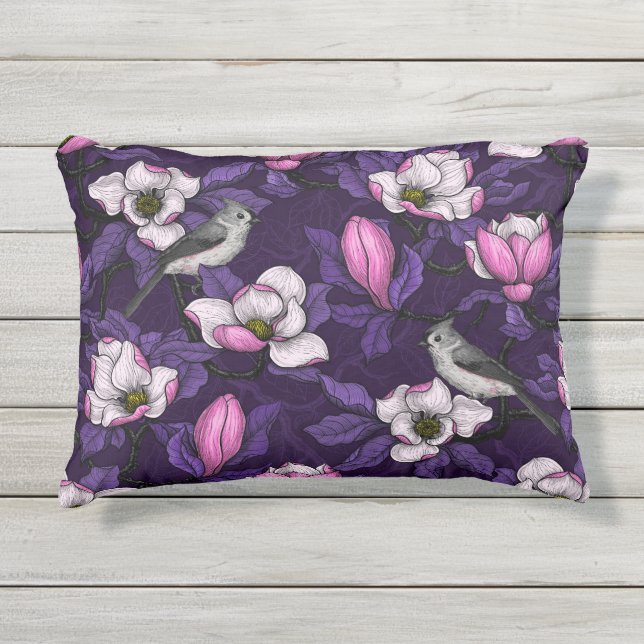 Blooming magnolia and titmouse bird 4 outdoor pillow (Front)