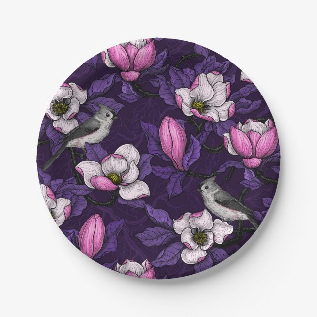 Blooming magnolia and titmouse bird 4 paper plates (Front)