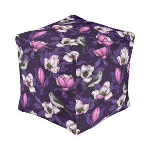 Blooming magnolia and titmouse bird 4 pouf