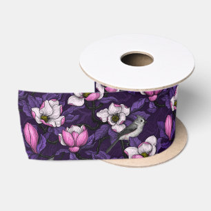 Blooming magnolia and titmouse bird 4 satin ribbon