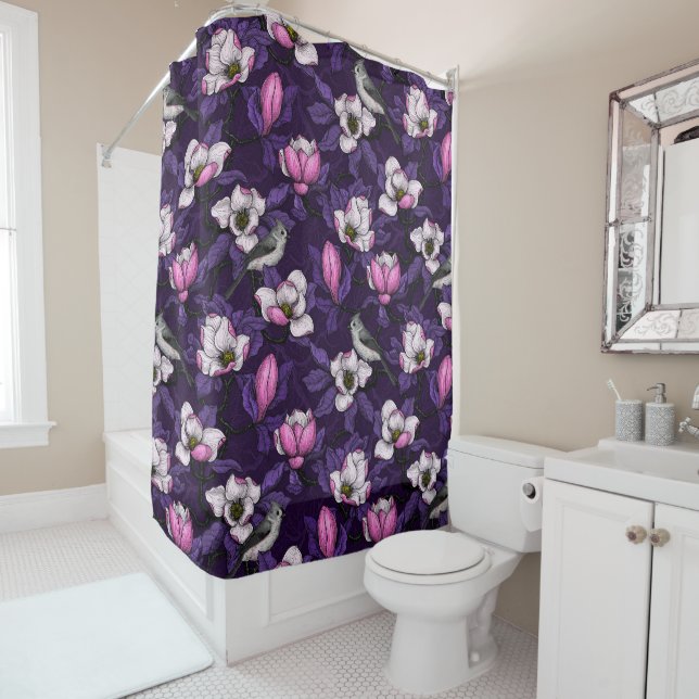 Blooming magnolia and titmouse bird 4 shower curtain (In Situ)
