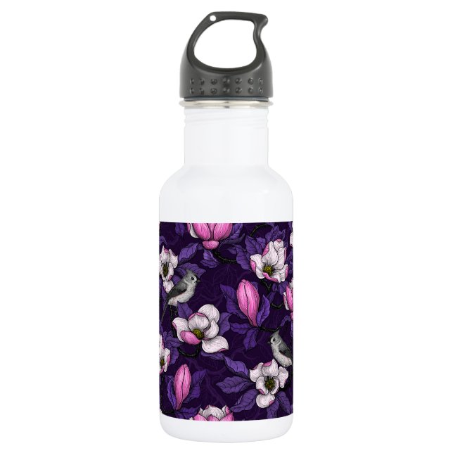Blooming magnolia and titmouse bird 4 stainless steel water bottle (Front)