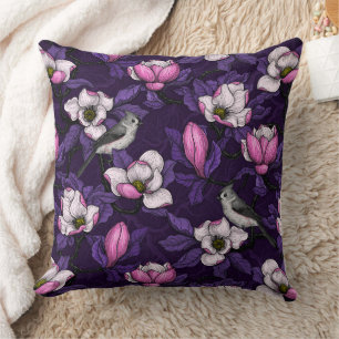 Blooming magnolia and titmouse bird 4 throw pillow