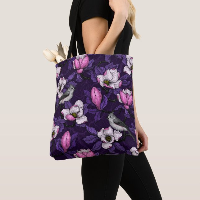 Blooming magnolia and titmouse bird 4 tote bag (Close Up)