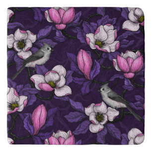 Blooming magnolia and titmouse bird 4 trivet