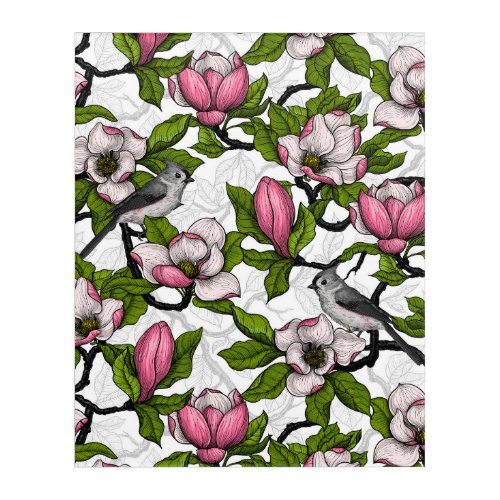 Blooming magnolia and titmouse bird acrylic print