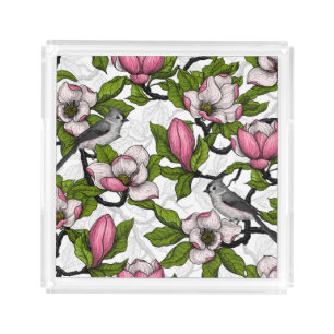Blooming magnolia and titmouse bird acrylic tray
