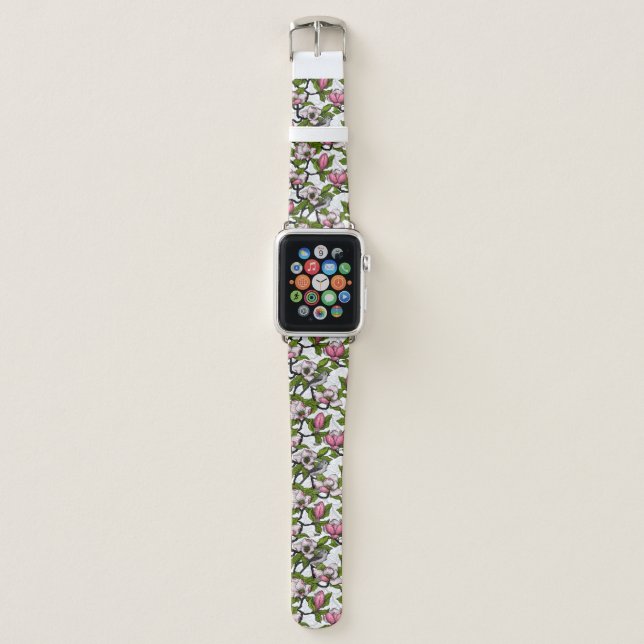 Blooming magnolia and titmouse bird apple watch band (Front)
