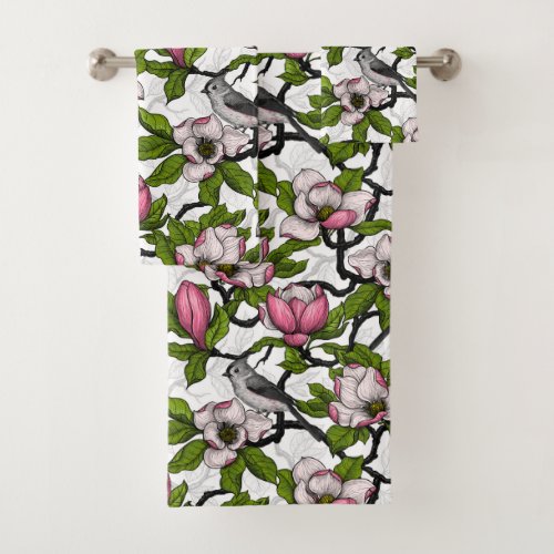 Blooming magnolia and titmouse bird bath towel set