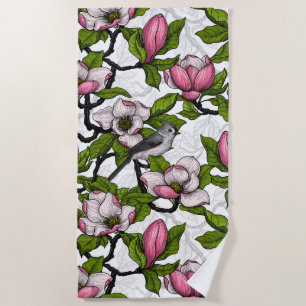 Blooming magnolia and titmouse bird beach towel