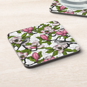 Blooming magnolia and titmouse bird beverage coaster