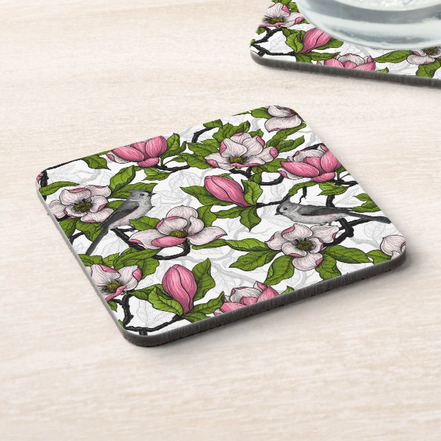 Blooming magnolia and titmouse bird beverage coaster (Left Side)