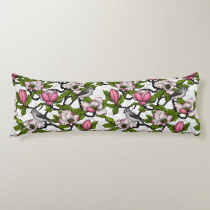 Blooming magnolia and titmouse bird body pillow
